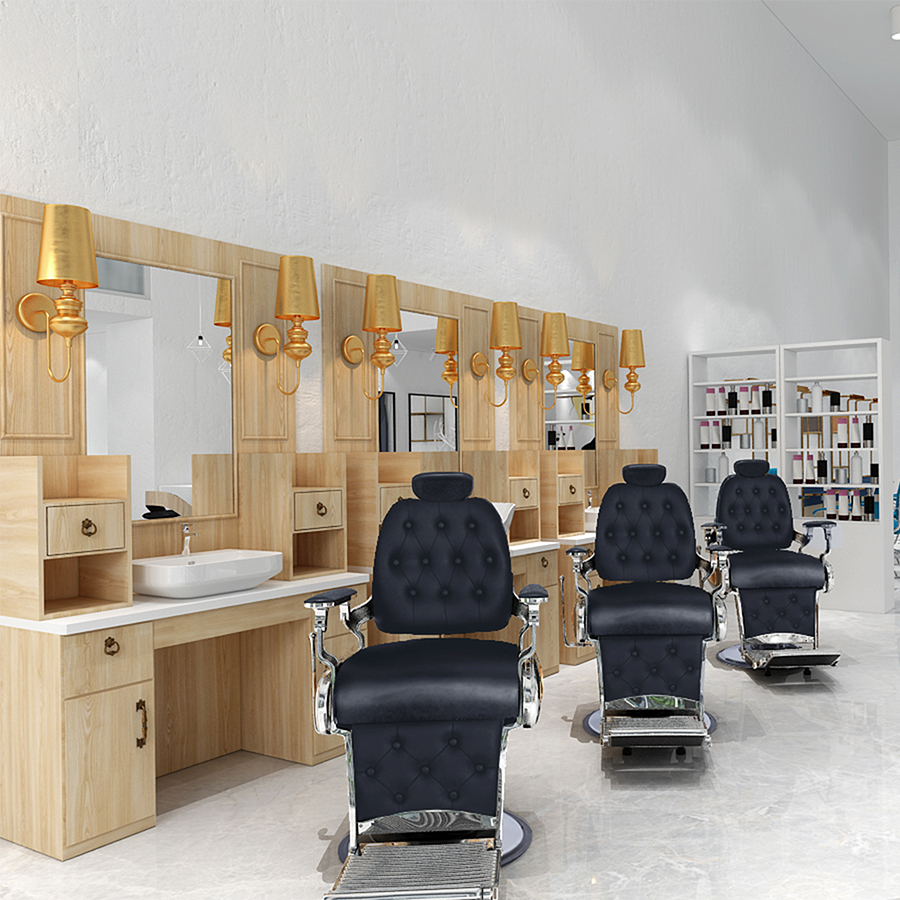 Barber shop styling station wooden salon mirror counter