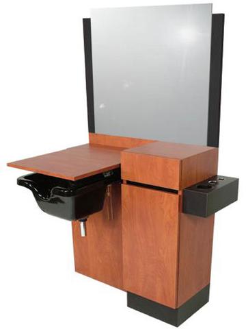 Wood barber wet cabinet salon station styling mirror with shampoo basin