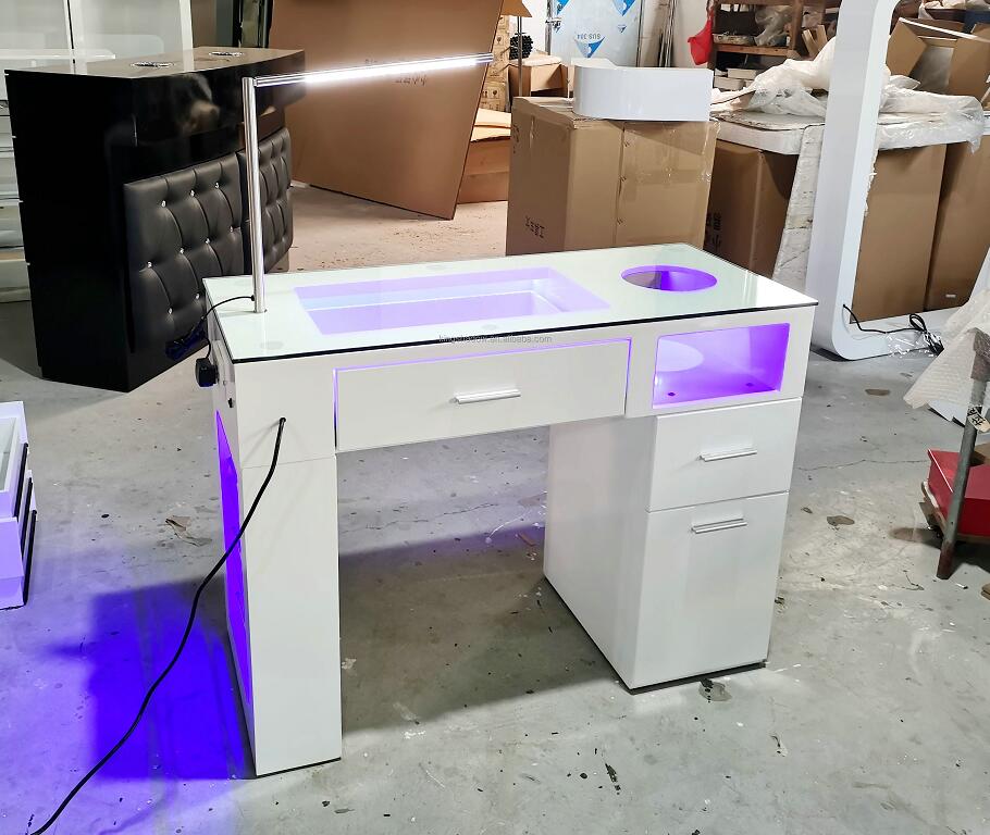 Glass white nail bar station UV lamp manicure salon beauty reception tables with storage drawers